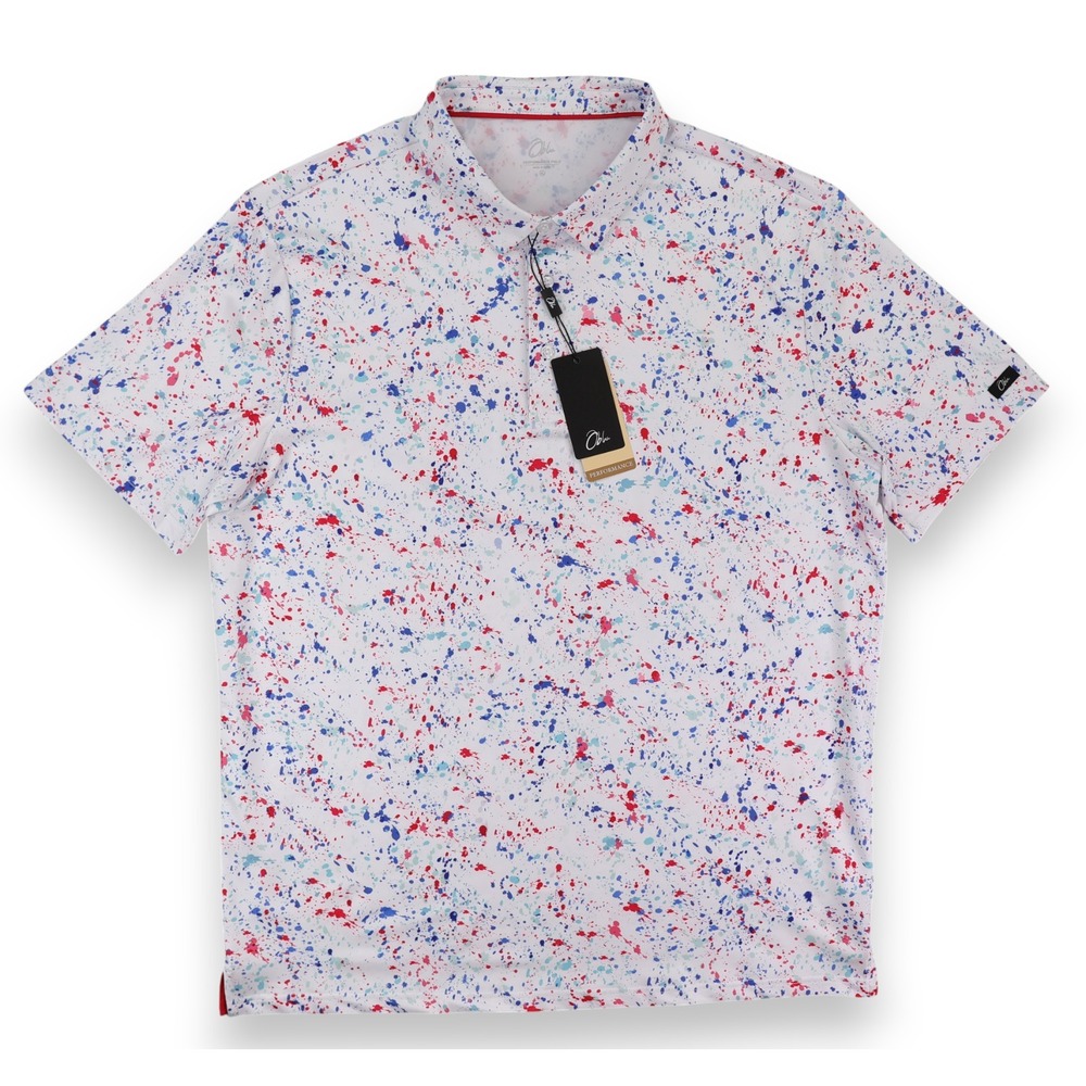 Obla Polo Shirt Mens XL White Splatter Golf Performance Stretch Short Sleeve NWT
